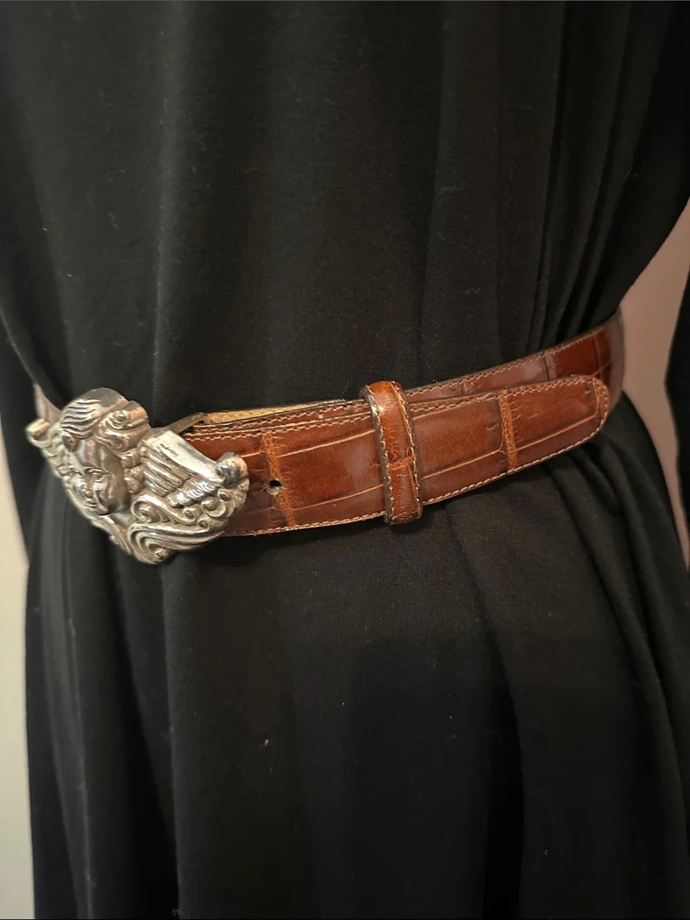 Brighton 1995 Brown crocodile leather M cherub Cupid silver buckle belt